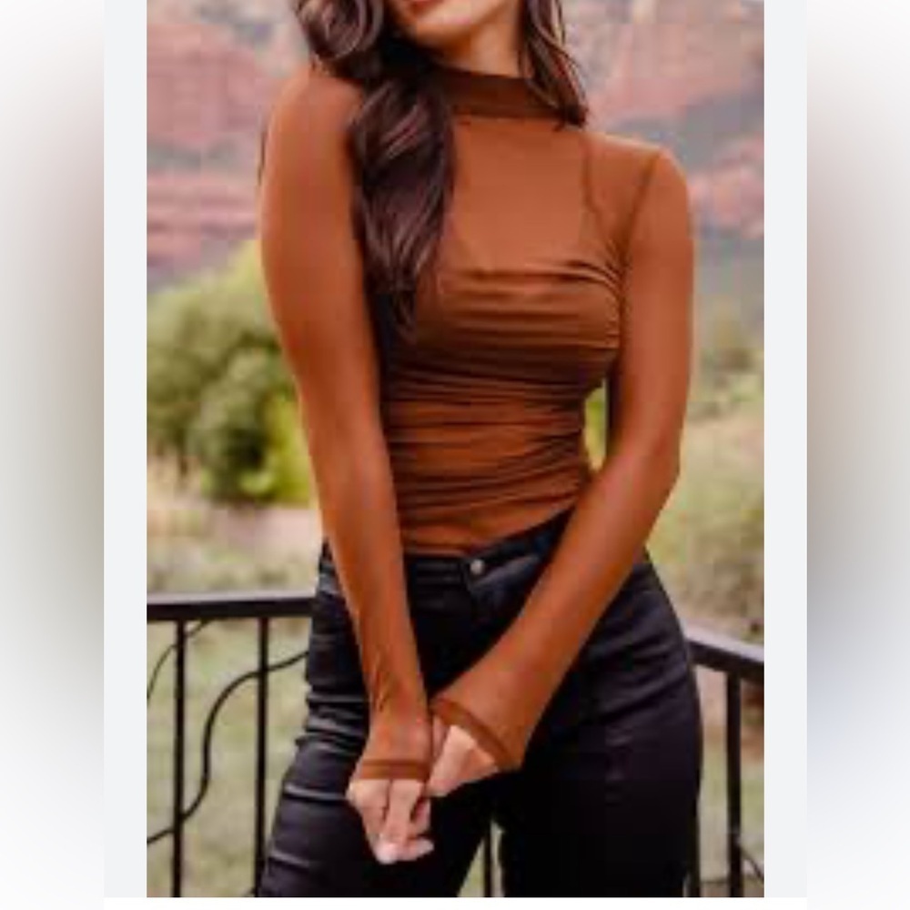 Elegant Brown Long Sleeve Top sheer bodysuit